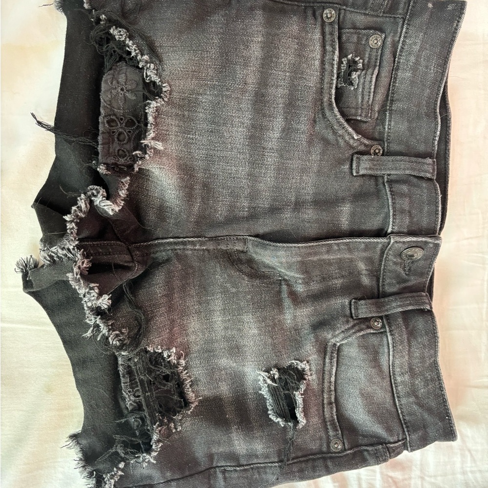 Distressed Black Denim Shorts